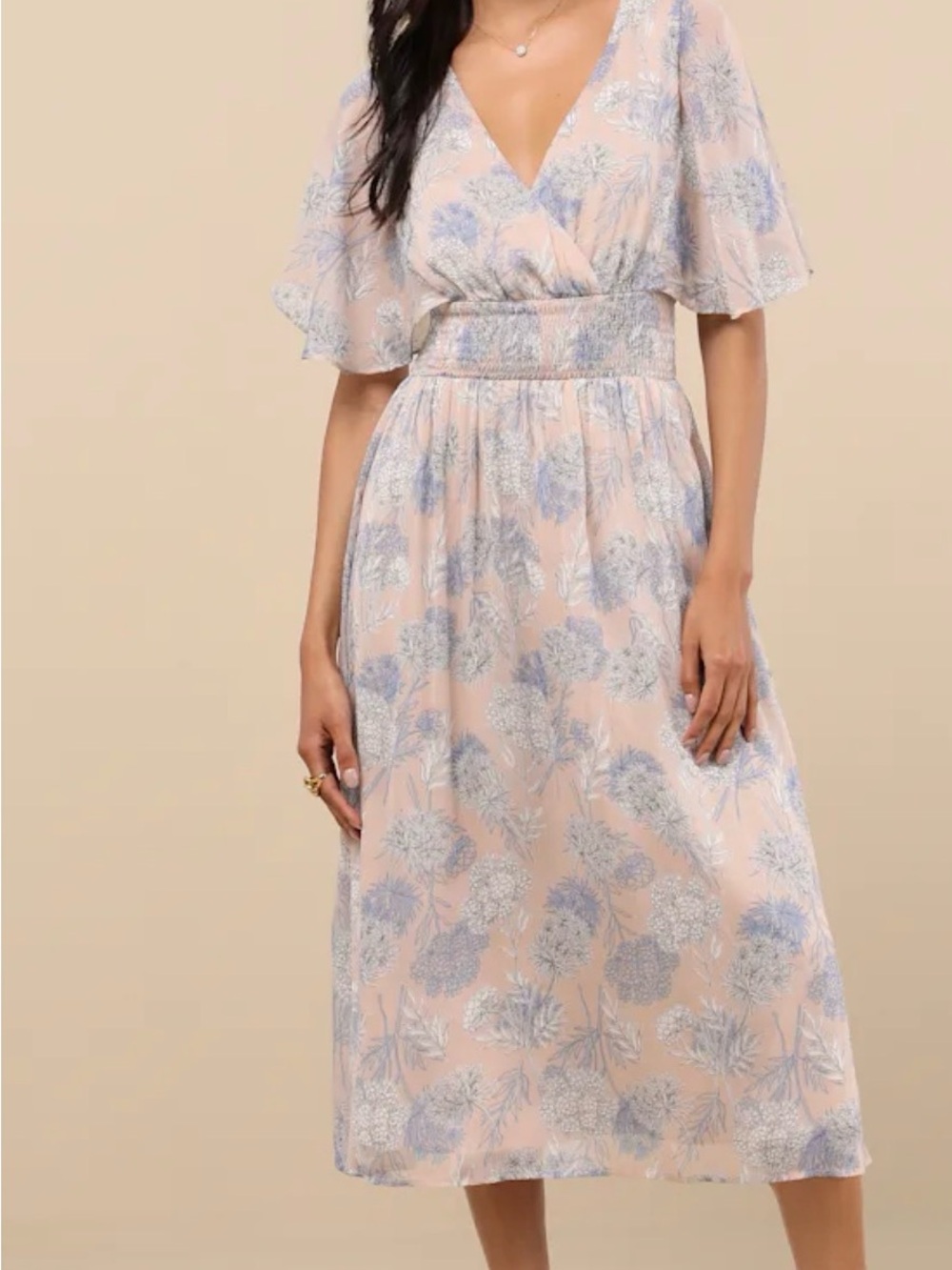 Lulu's Blush Midi Dress with Soft Blue Floral Print